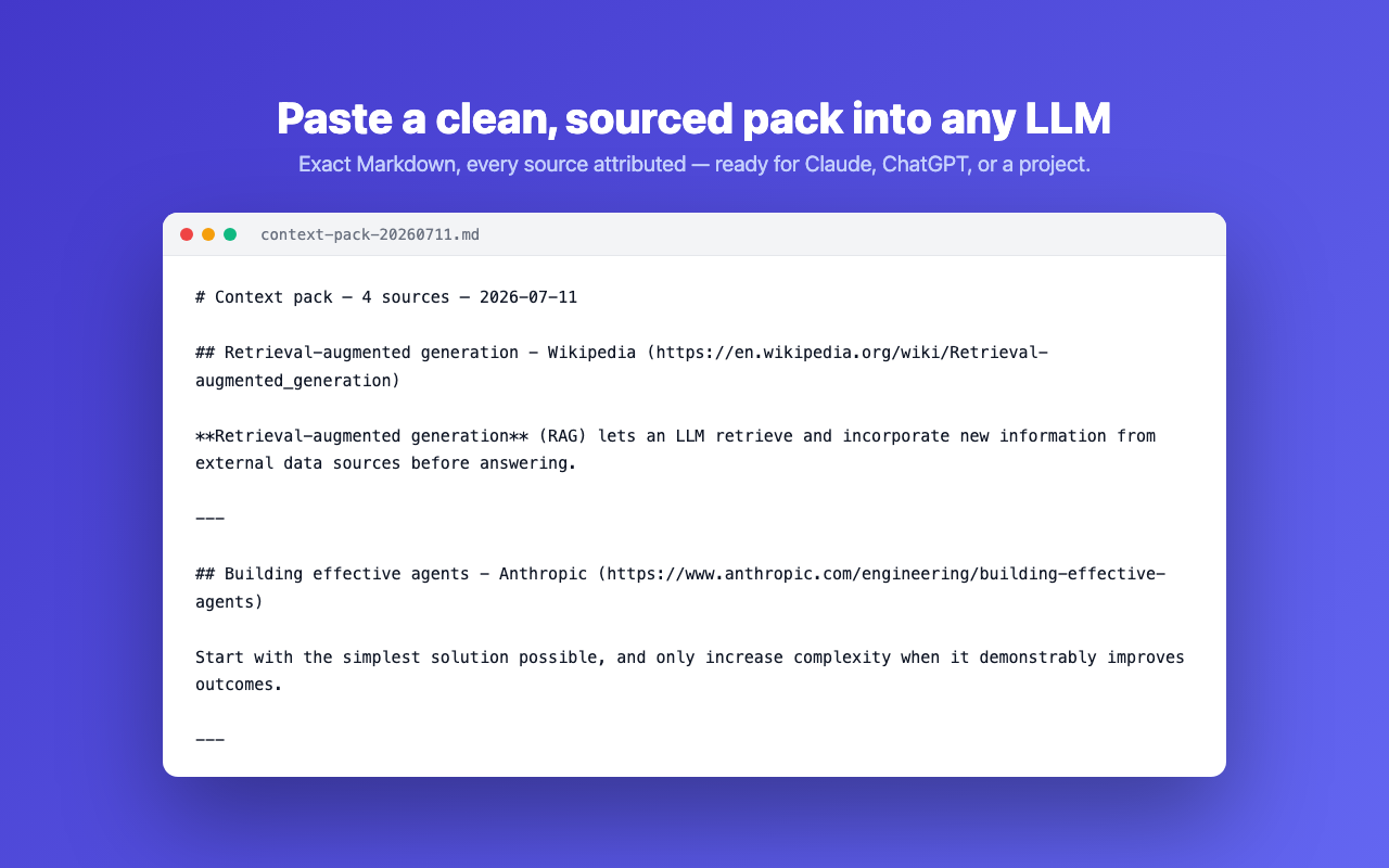 A context pack assembled from several web pages, exported as clean Markdown ready to paste into an LLM.